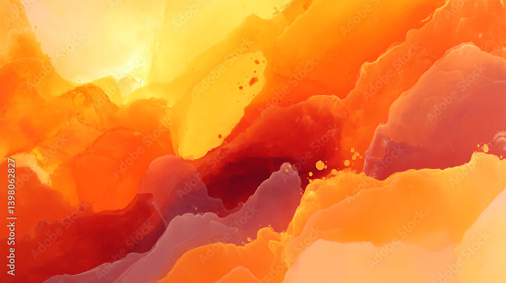 Poster abstract watercolor painting with orange yellow and red hues creating a dynamic and fluid compositio