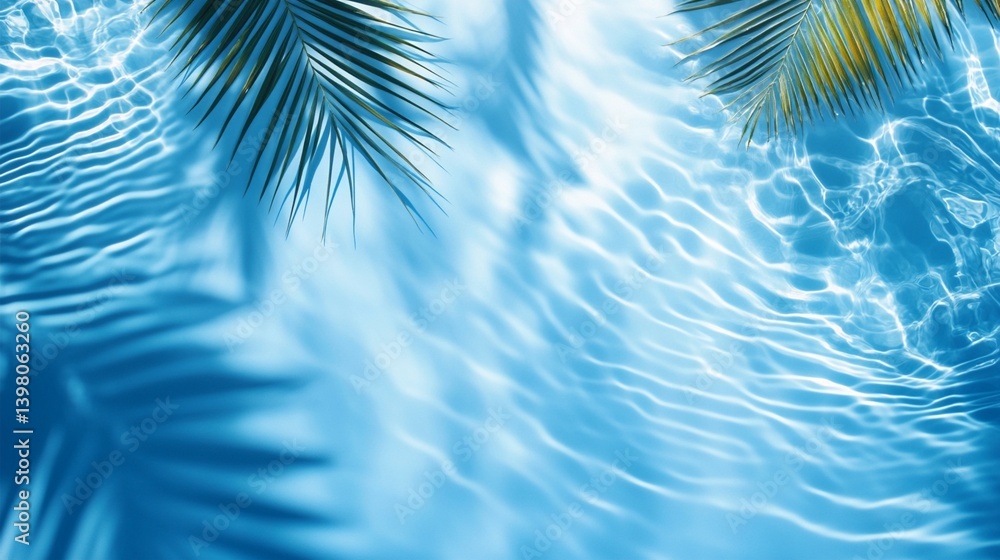 Wall mural tranquil azure water surface with rippling waves and soft palm leaf shadows creating a serene tropic