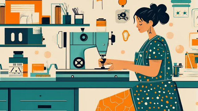 Cartoon Seamstress Working on Couture Tailoring in Kitchen Interior Illustration