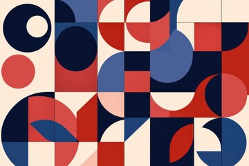A Geometric patterns bold colors create vibrant and modern design. composition features circles, squares, and abstract shapes red, blue, and cream tones, evoking sense of creativity and energy