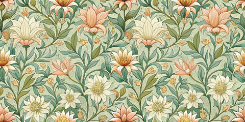 Elegant floral pattern with pastel colors and intricate details on a soft green background.