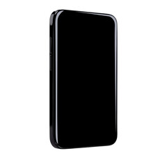 sleek black smartphone with reflective surface and rounded edges, standing upright against transparency background. minimalist design emphasizes modern technology