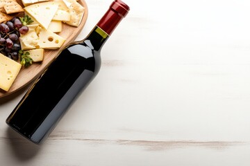 A corked wine bottle rests beside gourmet cheese platter featuring various cheeses and grapes, creating inviting atmosphere for delightful tasting experience