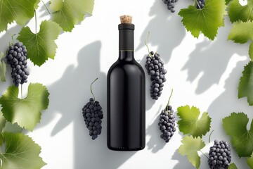 A Luxurious black wine bottle surrounded by fresh green grape leaves and dark grapes, creating elegant and inviting atmosphere for wine enthusiasts