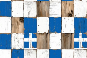 A Rustic wooden surface featuring patchwork design with blue and white colors, reminiscent of flag pattern. distressed texture adds vintage feel, perfect for various creative projects