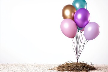 An Elegant cluster of helium balloons in soft pastel colors, including pink, purple, gold, and teal, resting on bed of straw. scene evokes festive and cheerful atmosphere