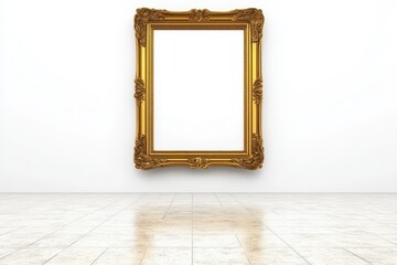 An Elegant gilded picture frame on minimalist wall, showcasing luxurious ambiance in spacious room. frame is empty, inviting creativity and imagination