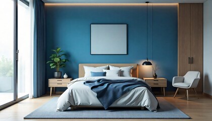 Modern Bedroom Interior Design Blue Walls Minimalist Decor Comfortable Bed