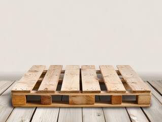 A wooden pallet is displayed on wooden surface, showcasing its structure and design. neutral background emphasizes natural texture and color of wood, creating simple yet effective visual