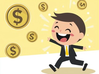 A cheerful cartoon boy in suit joyfully running with floating coins around him, symbolizing wealth and happiness. bright background enhances feeling of excitement and success