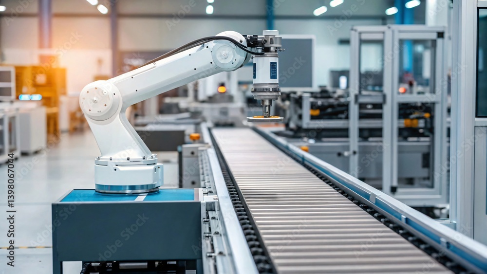 Aufkleber automated robotic arm on assembly line in modern factory industrial manufacturing process