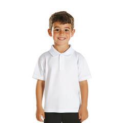 young boy with cheerful expression is wearing plain white polo shirt, standing against transparency background. simplicity of shirt highlights boy joyful demeanor
