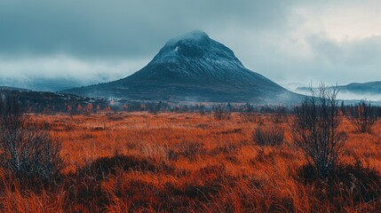 Autumnal mountain vista, fog-shrouded peak, vibrant orange field, dramatic sky