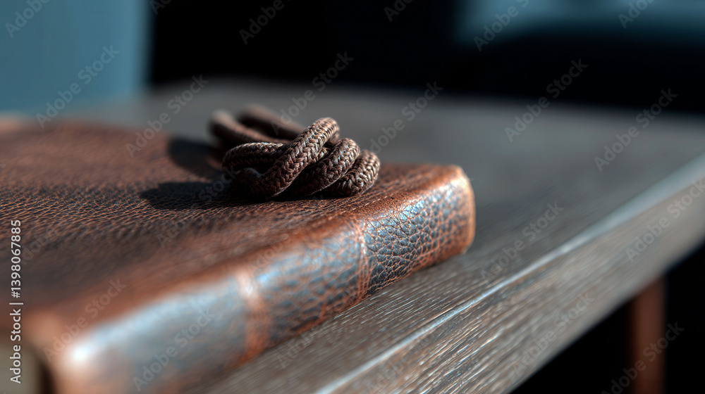 Poster a leather bound book with a knot tied to it sits on a wooden table. the knot is in the middle of the
