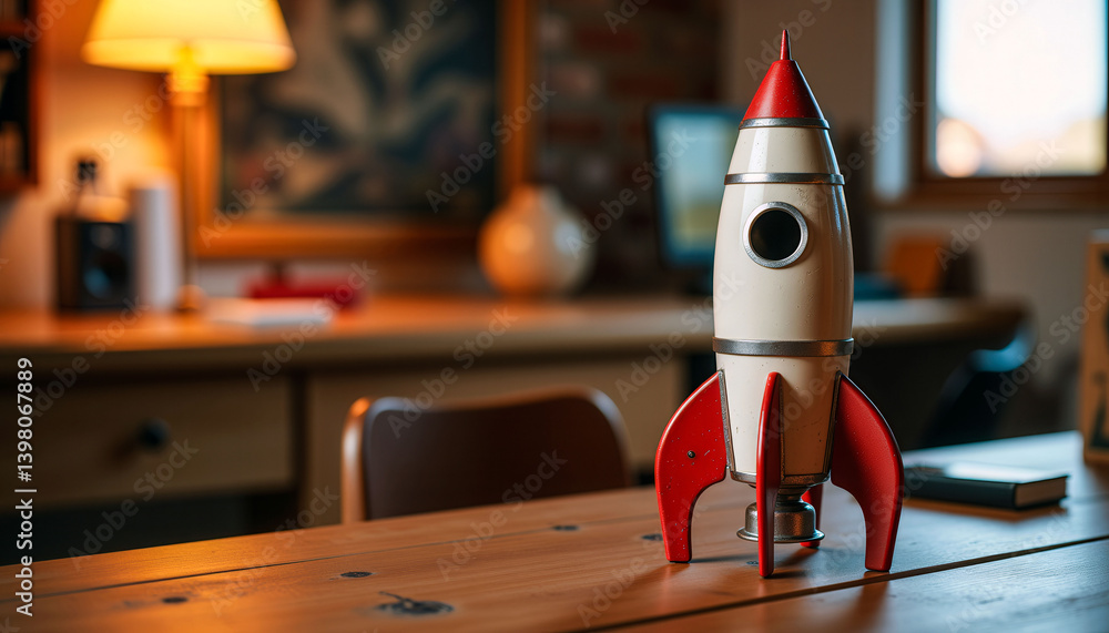 Poster a small red and white rocket sits on a wooden table in a room. the rocket is placed in front of a de