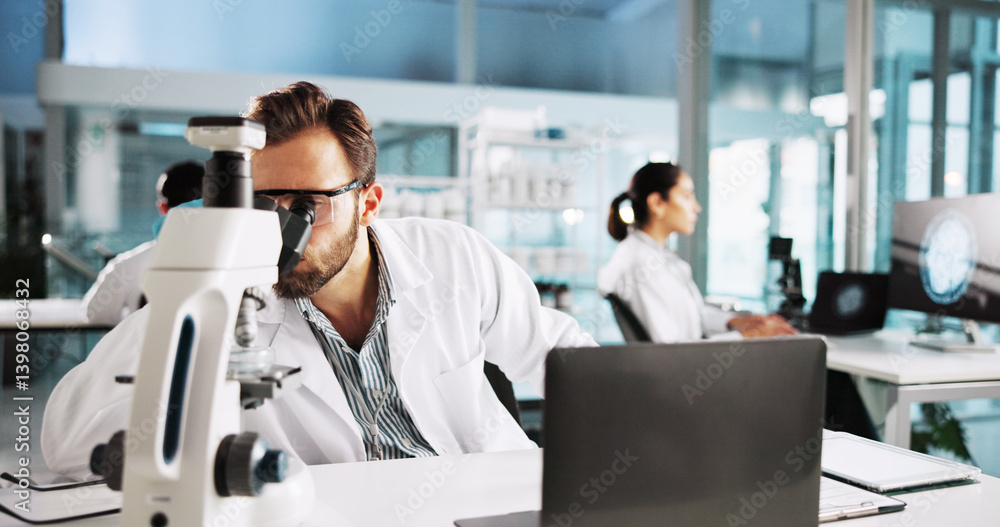 Poster scientist, man and microscope with research in laboratory for medical analysis and sample testing. s