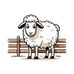 Cartoon Sheep Smiling by Wooden Fence
