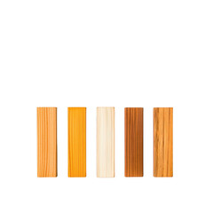 Obraz premium Five wooden blocks in varying shades of brown are arranged in row against transparency background, showcasing different wood textures and colors