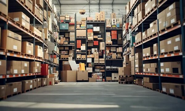 Large warehouse interior filled with stacked cardboard boxes, captured in natural light with industrial structure and high storage density.