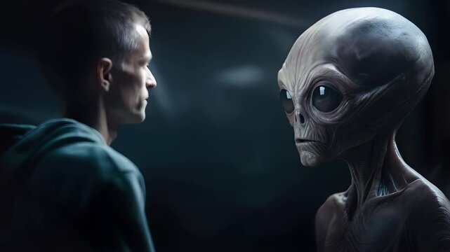 Intense close up revealing scientific researcher encountering enigmatic grey alien during groundbreaking first contact moment inside sterile laboratory environment