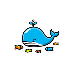 Naklejka premium Cartoon Whale and Fish Swimming on White Background