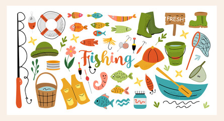 Colorful flat style vector fishing set with rods, fish, hooks, baits, boots, boat, and accessories. Hand drawn summer clipart for kids, posters, cards, and prints