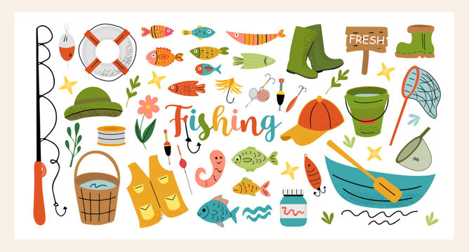 Colorful flat style vector fishing set with rods, fish, hooks, baits, boots, boat, and accessories. Hand drawn summer clipart for kids, posters, cards, and prints