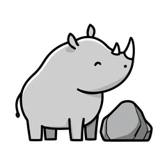 Obraz premium Cartoon Rhino Standing Beside Rock on White Background