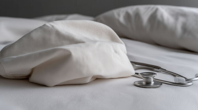A white hat is laying on a bed next to a stethoscope. The hat is wrinkled and the stethoscope is silver. The scene gives off a sense of disarray and chaos