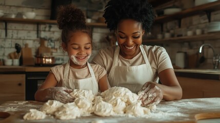 A beautiful interaction of a mother and daughter as they create dough together in a rustic kitchen, surrounded by warm colors and charming decor, emphasizing love and togetherness.