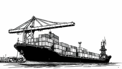 A black and white high-contrast illustration of a large cargo ship docked at a port