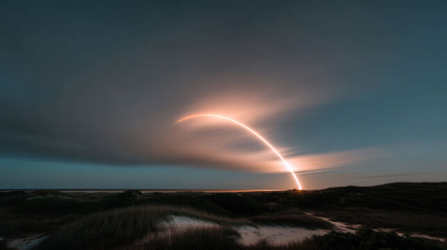 A rocket is launched into the sky, leaving a trail of smoke behind it. The sky is dark and cloudy, with a few stars visible in the distance. The scene is peaceful and serene