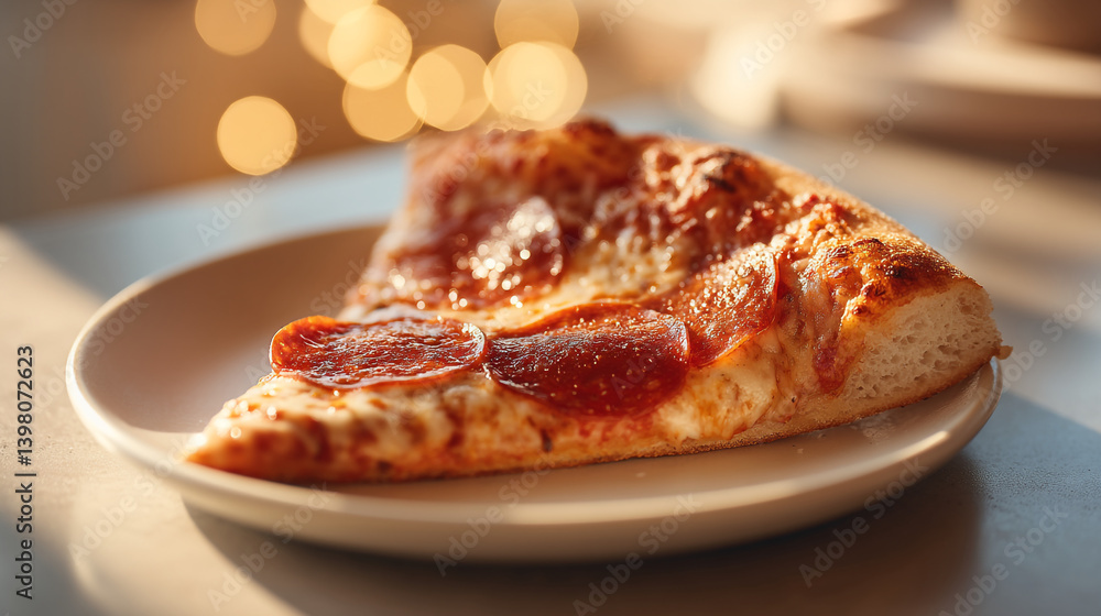 Poster a slice of pepperoni pizza on a white plate with bokeh lights in the background on a table top