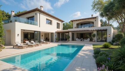 Fototapeta premium Luxury home with a stunning pool, perfect for relaxation and entertainment. The architecture is clean and the scenery is beautiful.