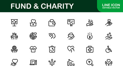 Professional Fund and Charity Icon Set Vector Illustration. Most Useful Icons for Donations, Volunteering, and Social Good