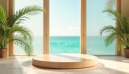 Fototapeta premium A circular wooden podium with light oak texture on a sandy stone floor, complemented by tropical palm leaves and a serene ocean view, luxury skincare branding concept.