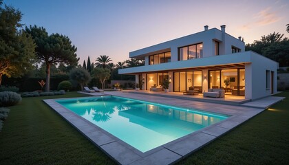 Modern house with illuminated pool. Luxury lifestyle dream home exterior at twilight with beautiful landscaping and outdoor living.