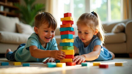 Imaginative Heights: Siblings Building Colorful Tower Together