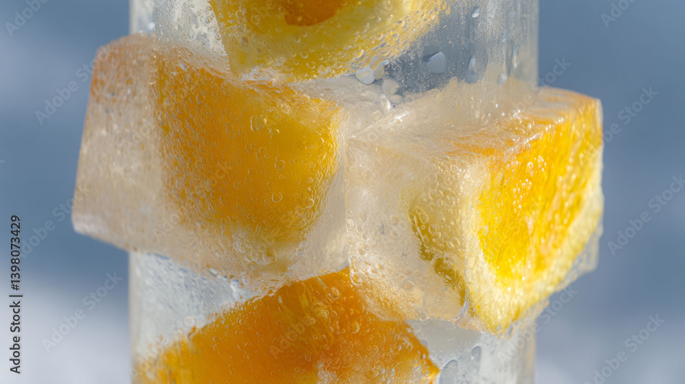Poster a glass of ice water with a few slices of lemon in it. the lemon slices are cut in half and are floa