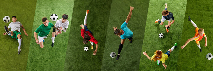 Collage. Two male and female soccer players compete for possession of ball on green lush playground. Top-down view.