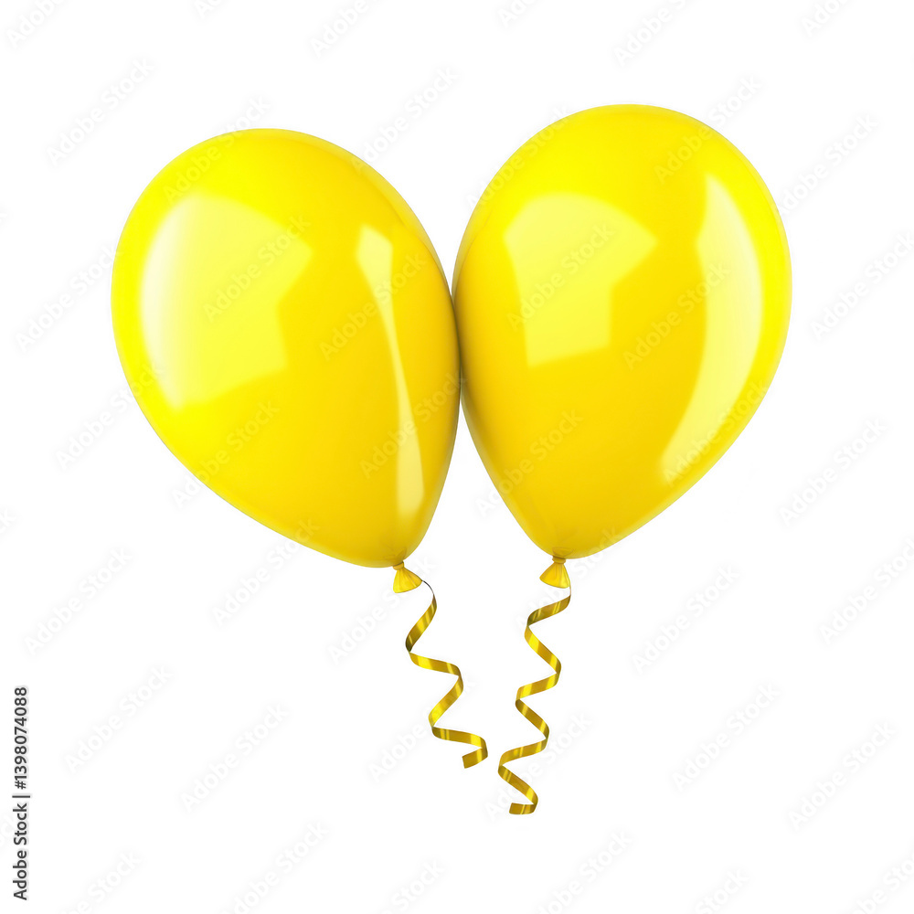 Poster two bright yellow balloons with curly ribbons are floating against transparency background, creating