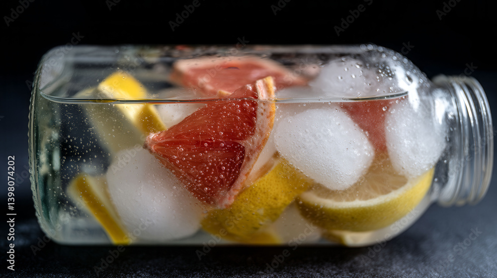 Poster a glass jar filled with fruit and ice cubes. the fruit includes a grapefruit, a lemon, and a lime. t