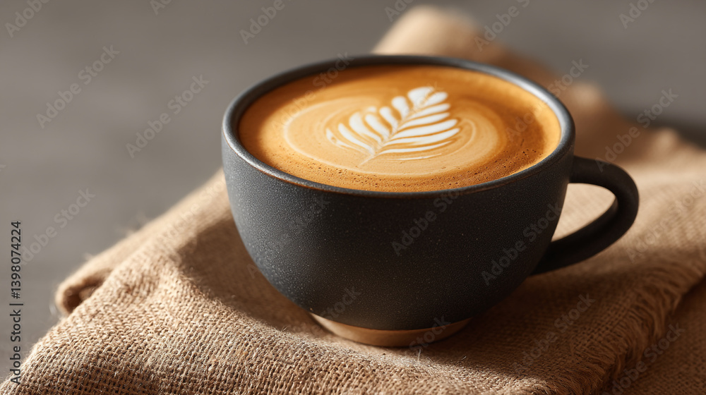 Poster close up of latte art in a dark mug resting on a burlap cloth with a gray background behind it