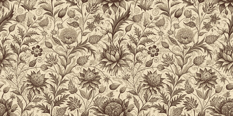 Intricate floral patterned wallpaper in warm brown tones.