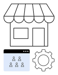 Shopfront and gear represent operations and tools, online user interface depicts digital networking. Ideal for commerce, startups, teamwork, tech, e-commerce, administration, abstract line flat