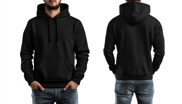Modern Black Hoodie in Action: Presenting a sleek black hoodie from both front and rear, highlighting the clean lines and comfortable fit. Showcasing the versatile style for everyday wear.