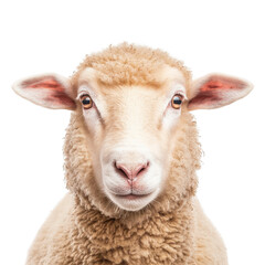 Obraz premium close up of sheep with fluffy wool coat and alert expression, isolated on transparency background. sheep ears are perked up, and its eyes are wide open, giving it curious look