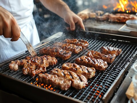 3 sous cheft cooking on a charcoal grill in a restaurant