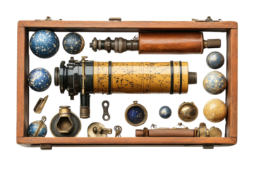 A celestial treasure chest brimming with antique astronomical wonders, meticulously arranged in a rich wooden case against a stark white backdrop.
