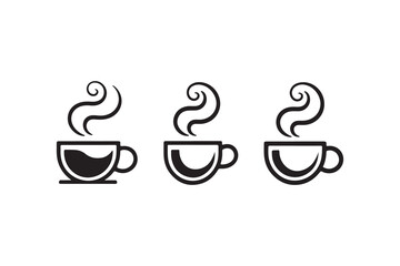 Three Simple Black and White Coffee Cup Icons with Steam